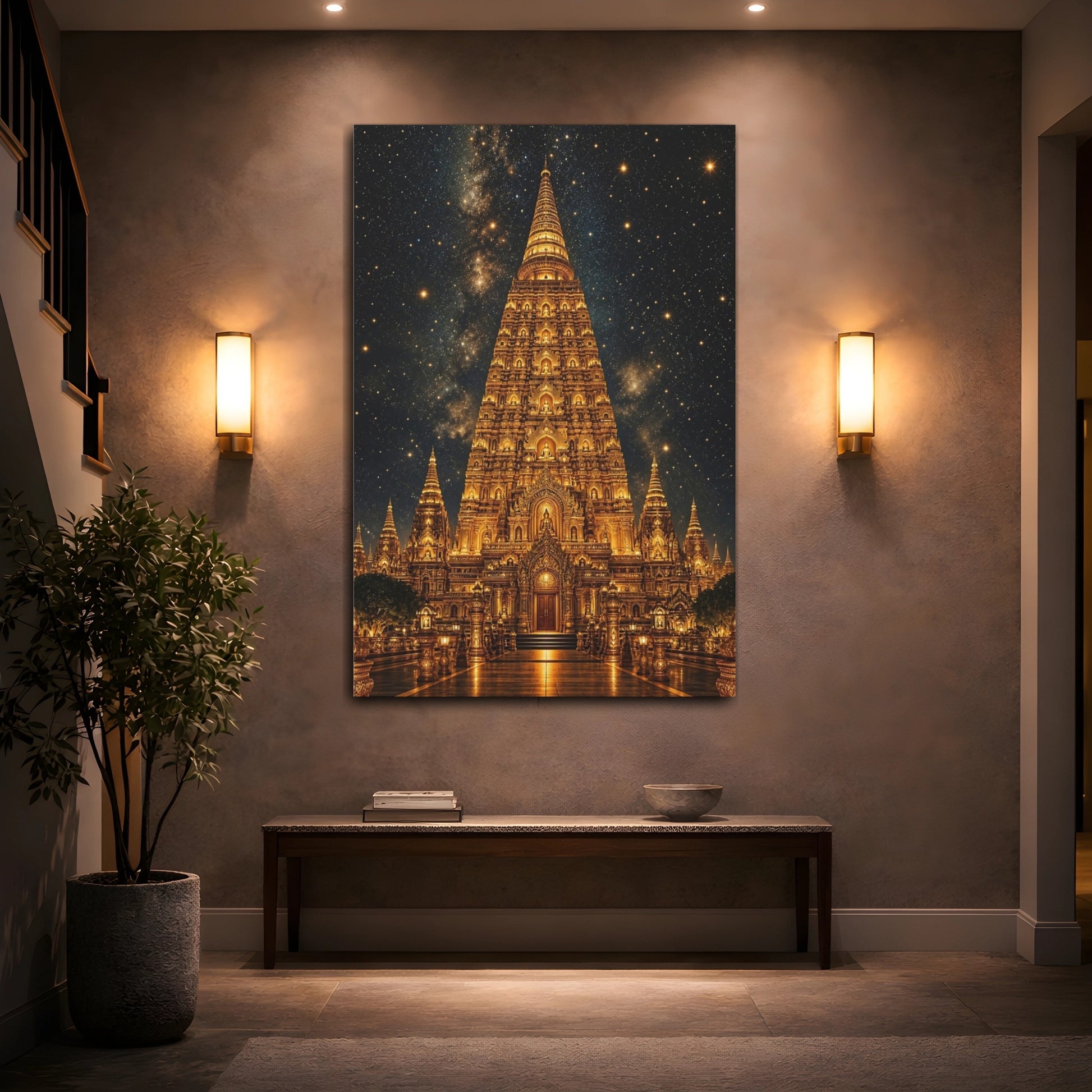 Mockup 2. Religious Buddhist Temple Gold Temple Night shown as stretched canvas wall art