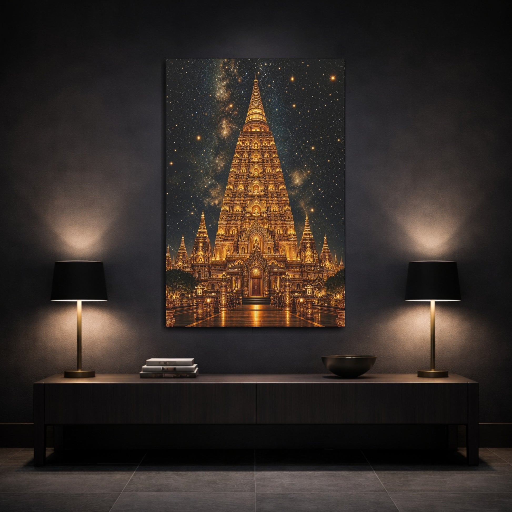 Mockup 3. Religious Buddhist Temple Gold Temple Night shown as stretched canvas wall art