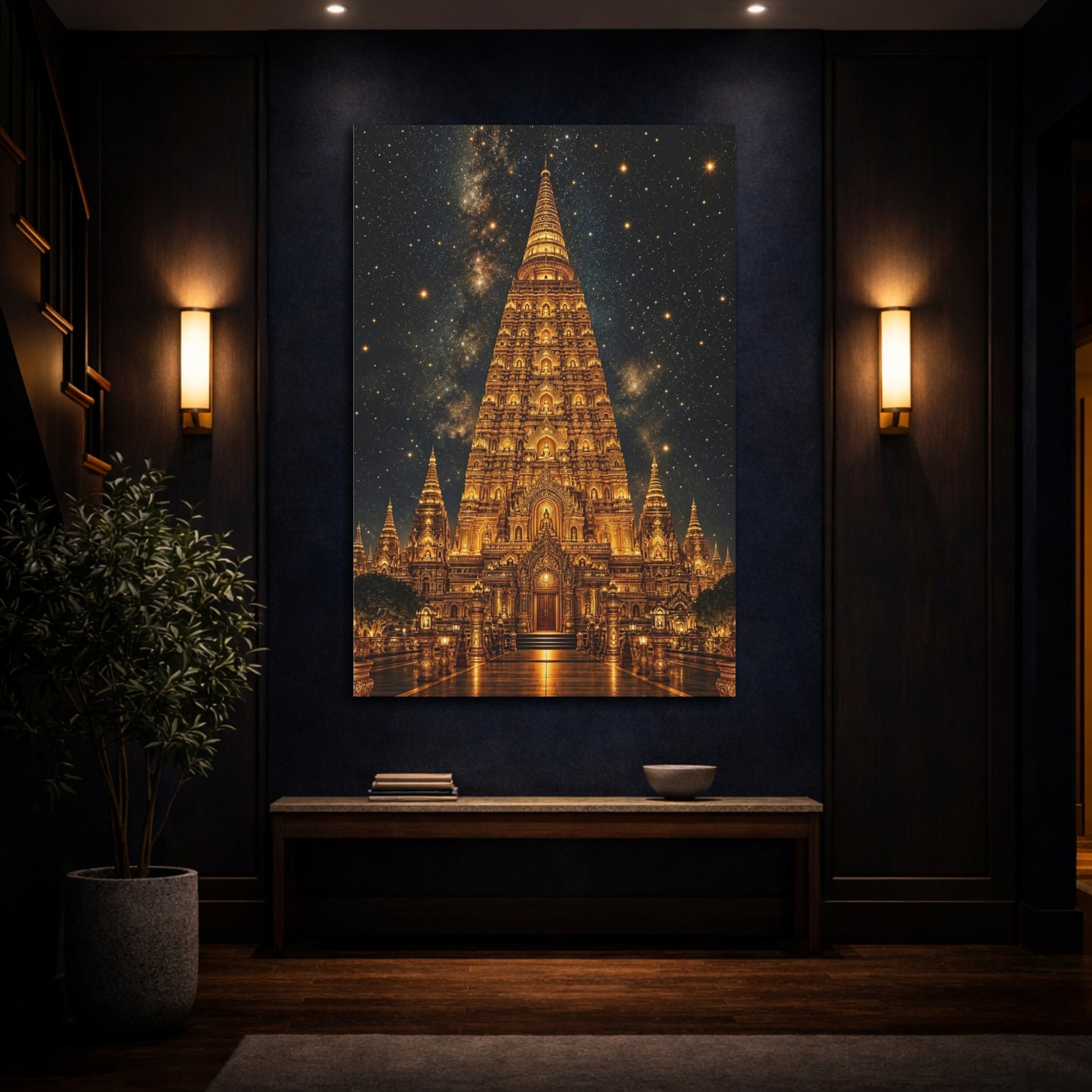 Mockup 4. Religious Buddhist Temple Gold Temple Night shown as stretched canvas wall art