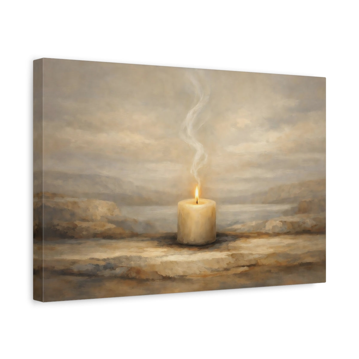 Side Mockup 4. Religious Candle Beige Candle shown as stretched canvas wall art