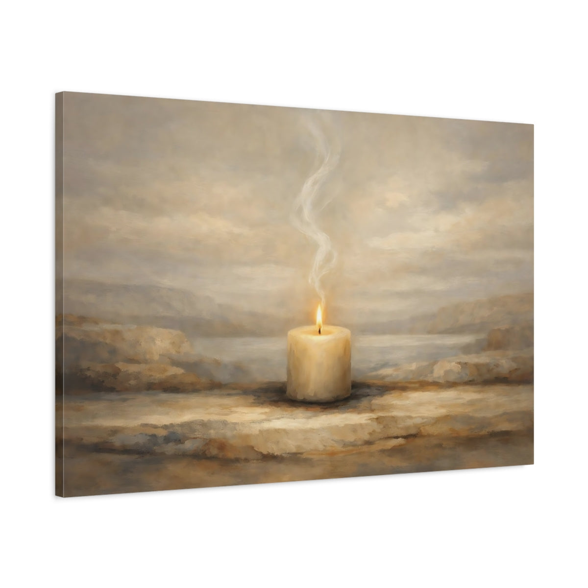 Side Mockup 1. Religious Candle Beige Candle shown as stretched canvas wall art