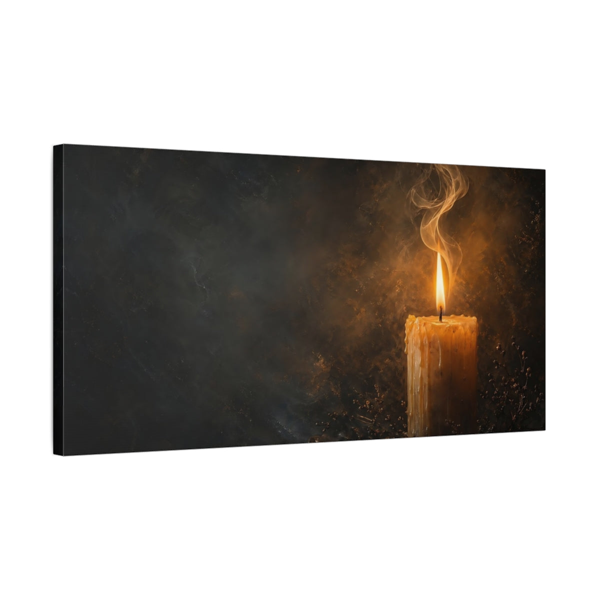 Side Mockup 1. Religious Candle Flame Dark Gold shown as stretched canvas wall art