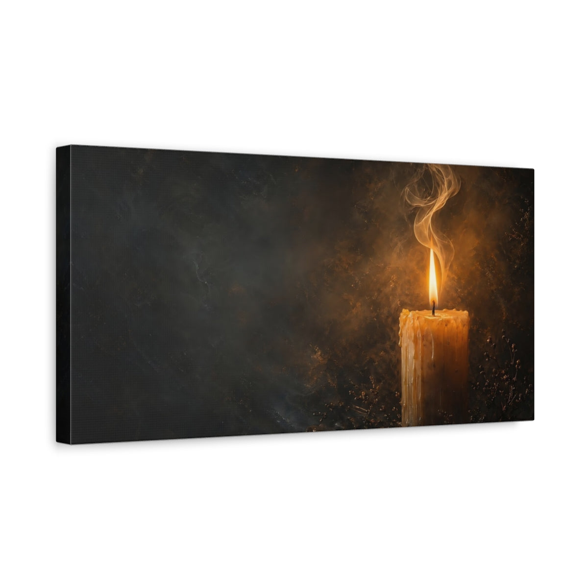 Side Mockup 3. Religious Candle Flame Dark Gold shown as stretched canvas wall art