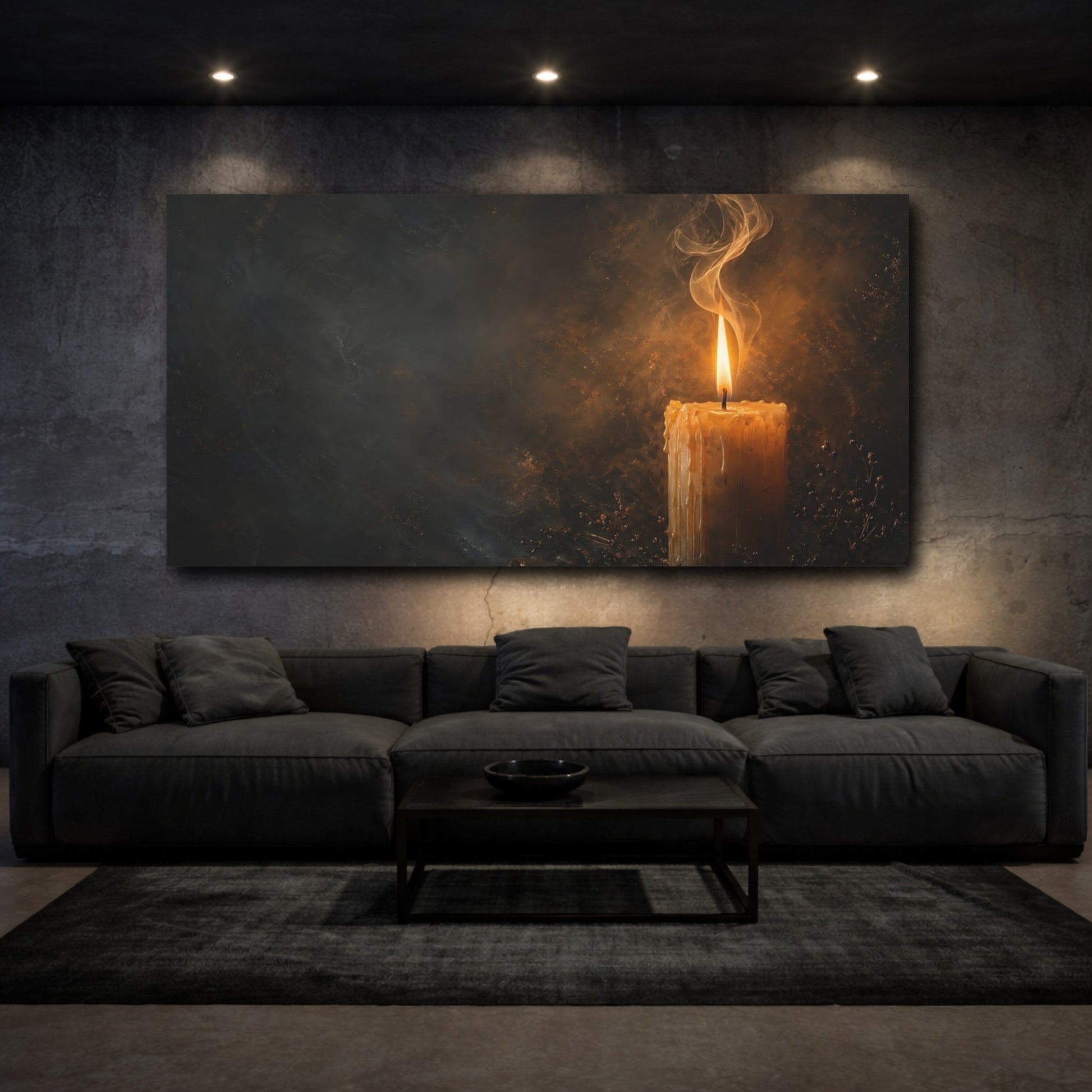 Mockup 2. Religious Candle Flame Dark Gold shown as stretched canvas wall art