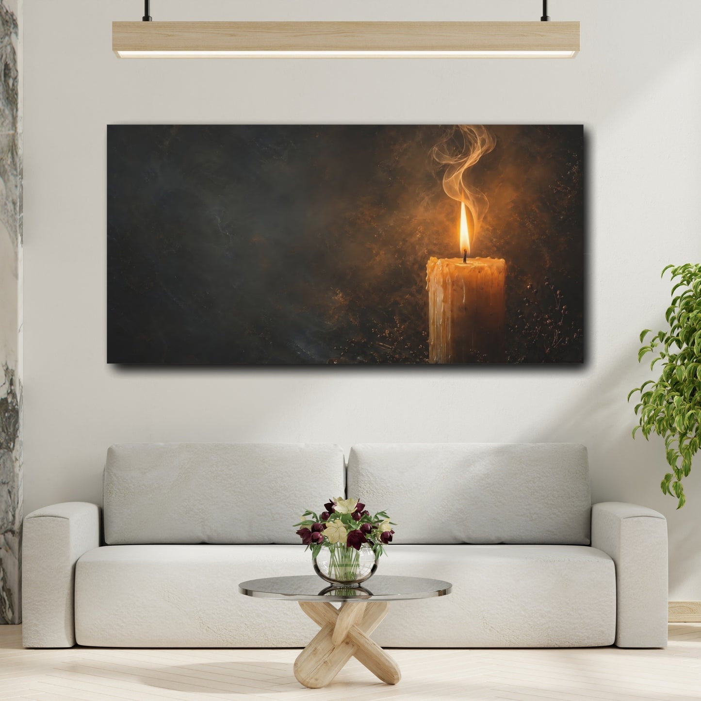 Mockup 3. Religious Candle Flame Dark Gold shown as stretched canvas wall art