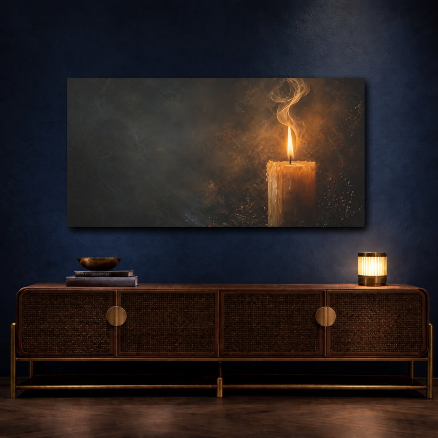 Mockup 4. Religious Candle Flame Dark Gold shown as stretched canvas wall art