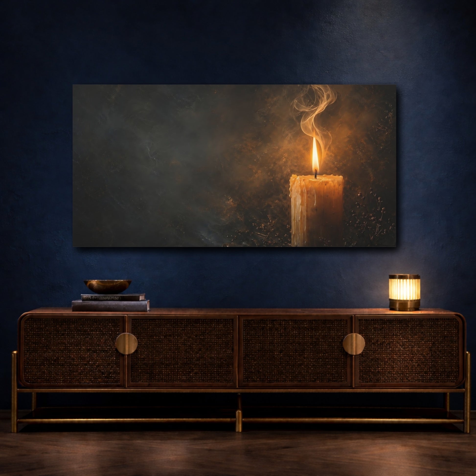 Mockup 4. Religious Candle Flame Dark Gold shown as stretched canvas wall art