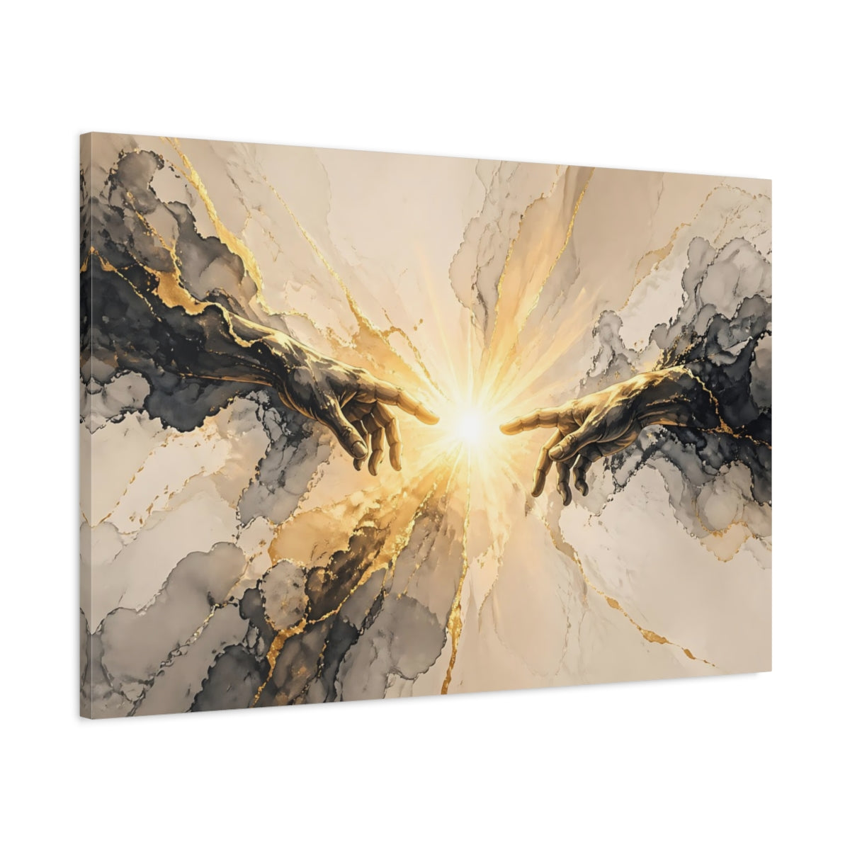 Main Mockup. Religious Connecting Hands Gold And Black shown as stretched canvas wall art