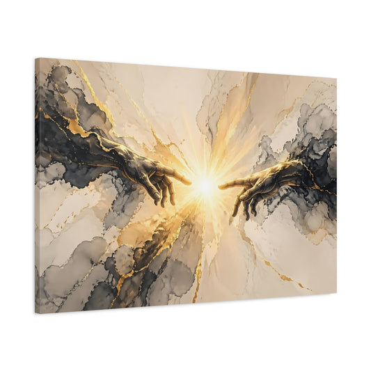 Main Mockup. Religious Connecting Hands Gold And Black shown as stretched canvas wall art