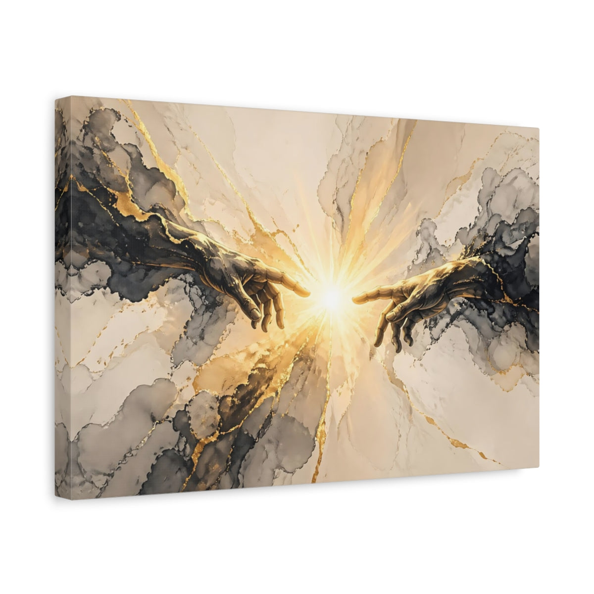 Side Mockup 4. Religious Connecting Hands Gold And Black shown as stretched canvas wall art