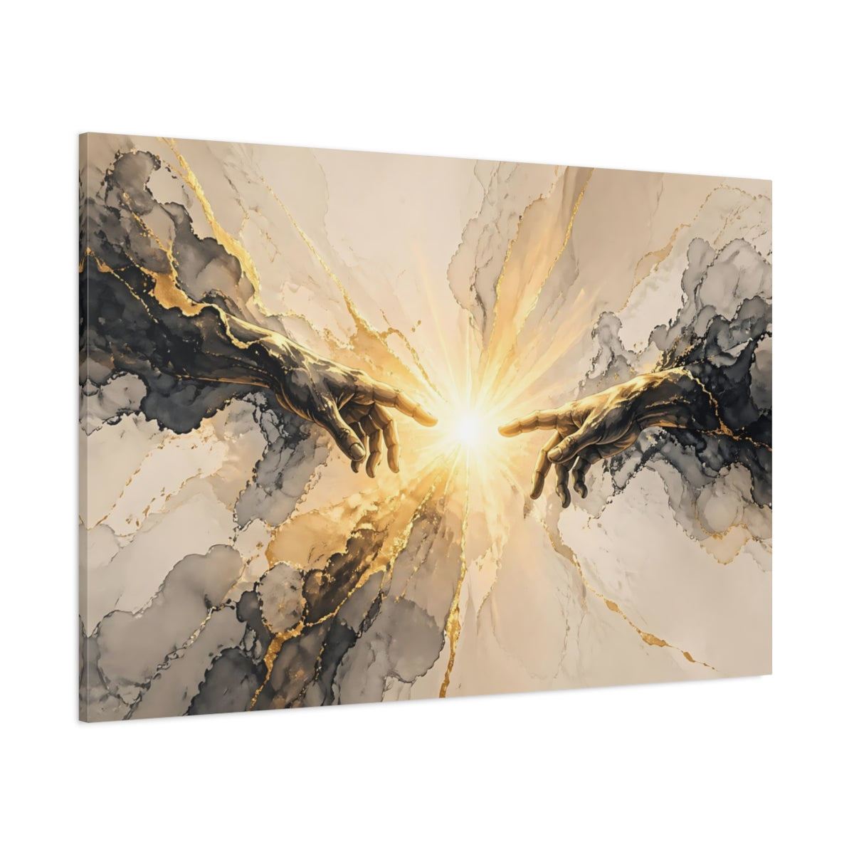 Side Mockup 1. Religious Connecting Hands Gold And Black shown as stretched canvas wall art