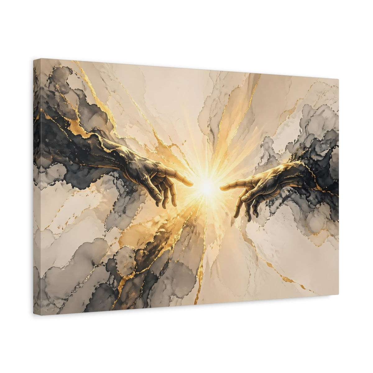 Side Mockup 3. Religious Connecting Hands Gold And Black shown as stretched canvas wall art