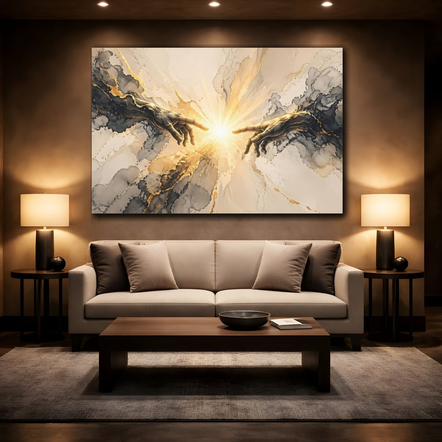 Mockup 2. Religious Connecting Hands Gold And Black shown as stretched canvas wall art
