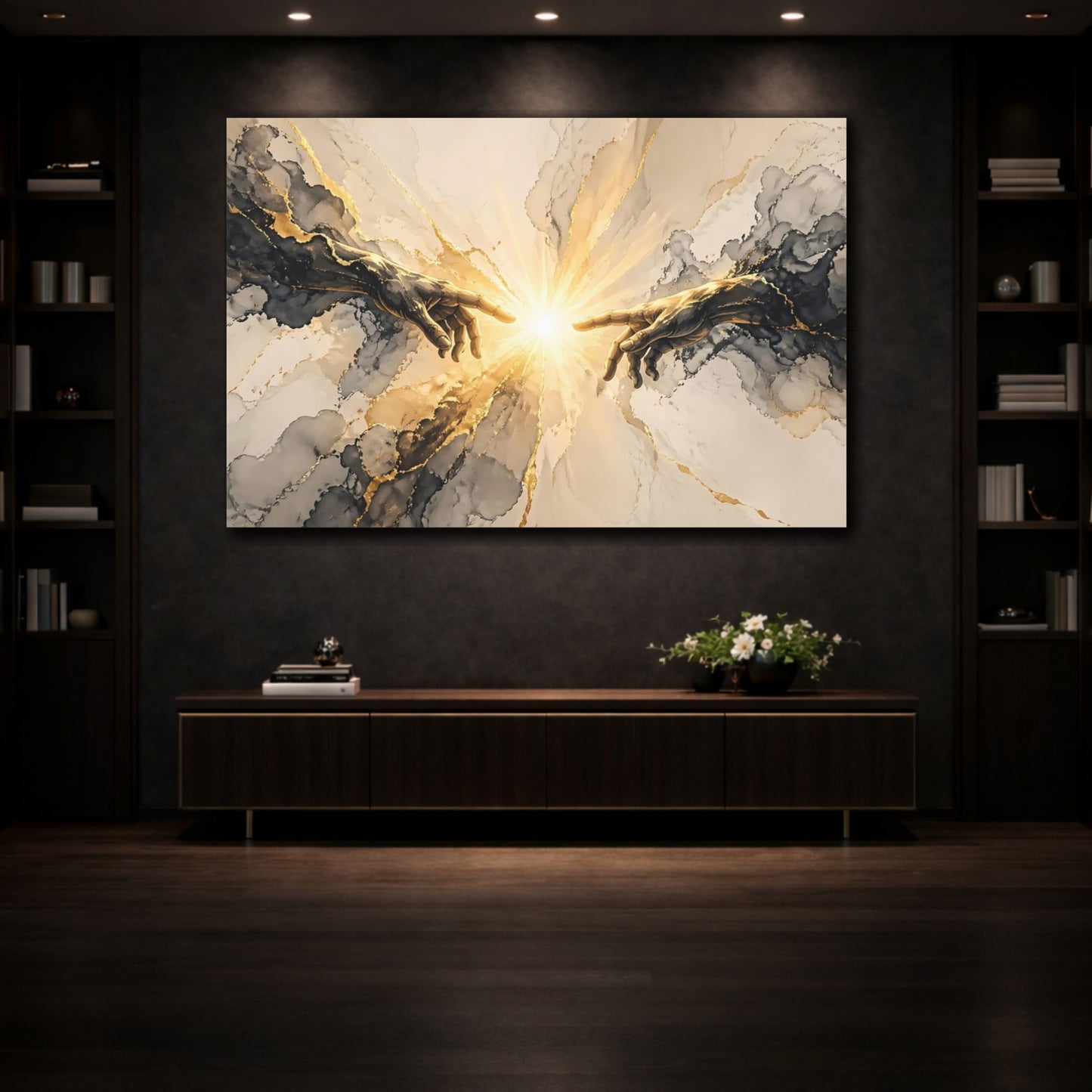 Mockup 3. Religious Connecting Hands Gold And Black shown as stretched canvas wall art
