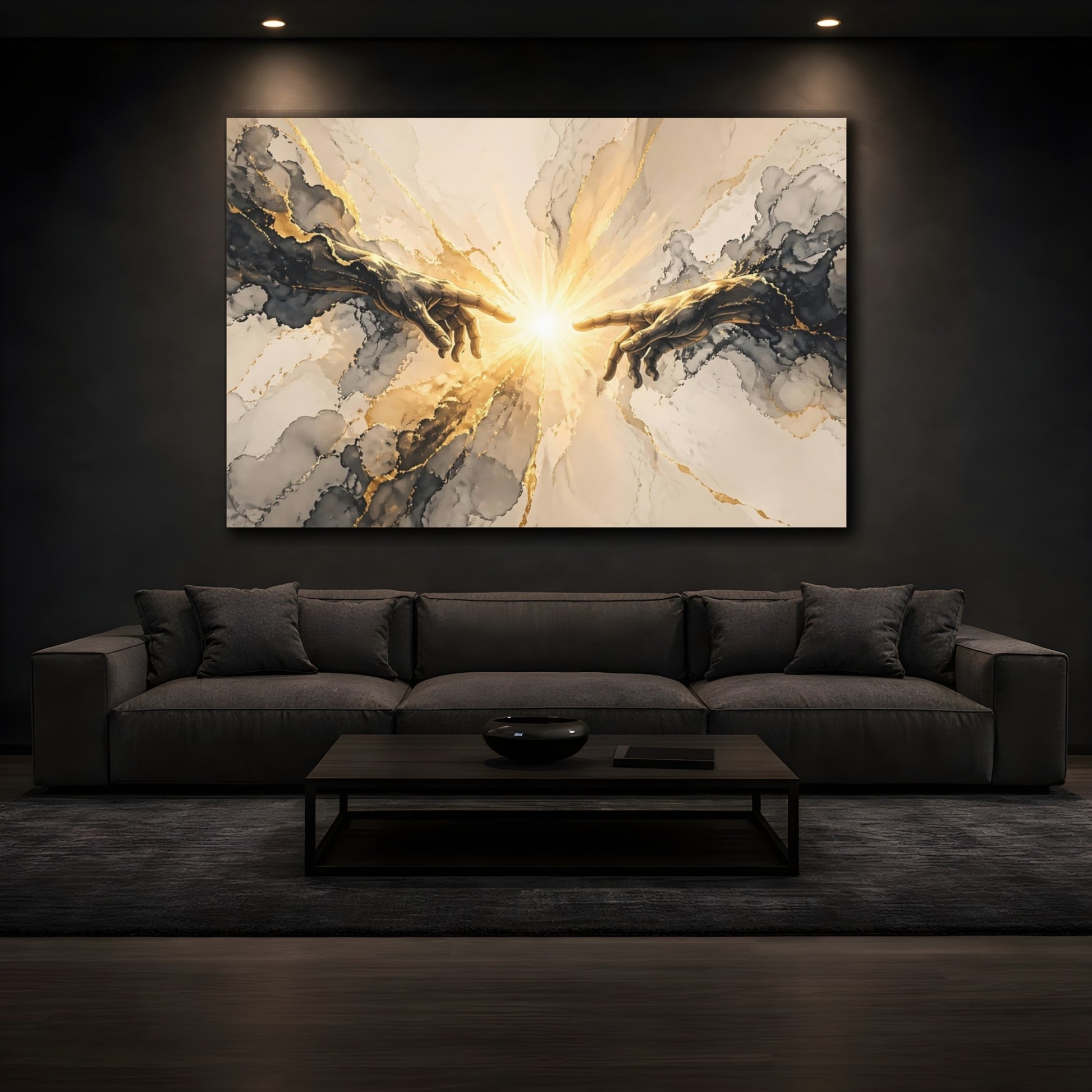 Mockup 4. Religious Connecting Hands Gold And Black shown as stretched canvas wall art