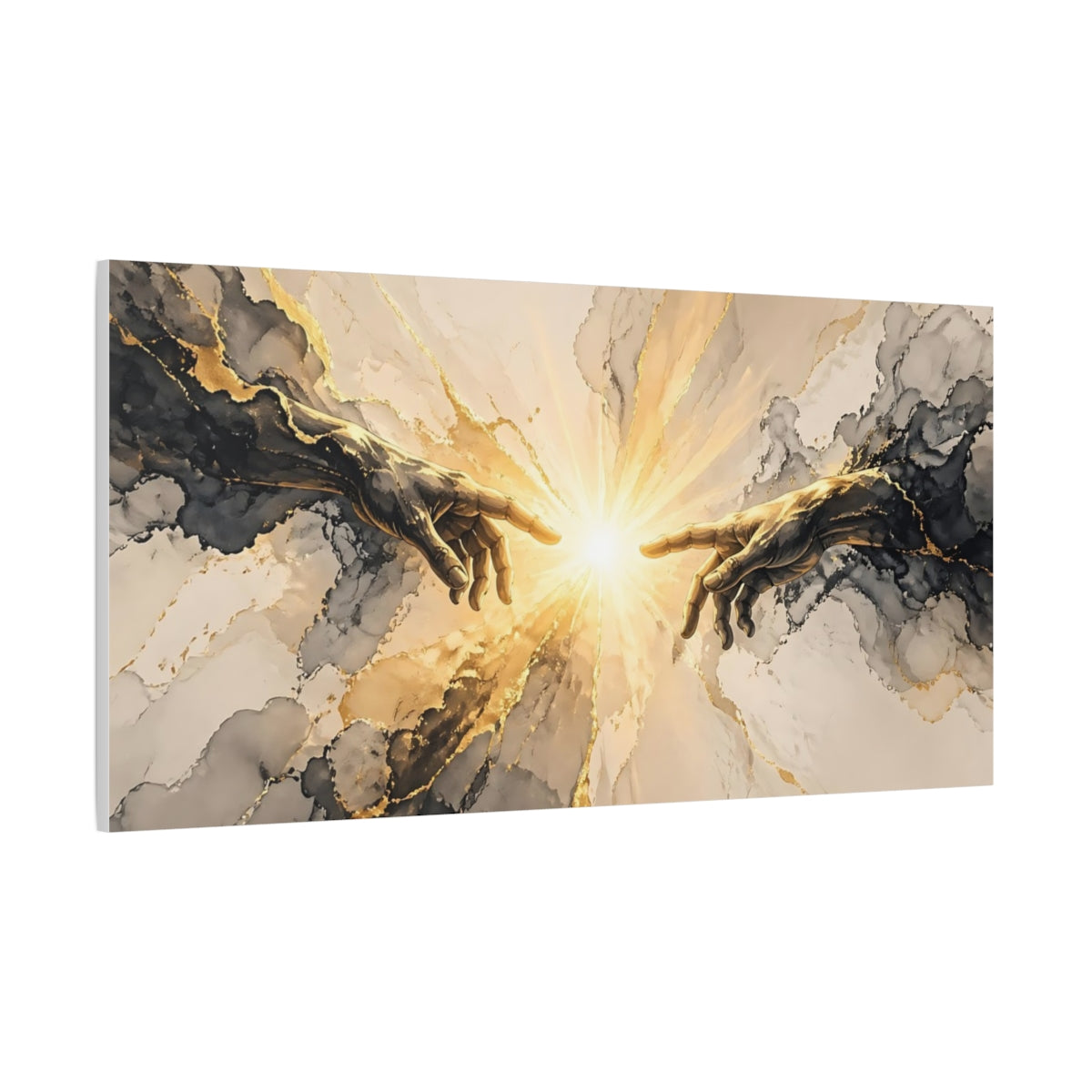 Side Mockup 2. Religious Creation Hands Gold And Black shown as stretched canvas wall art