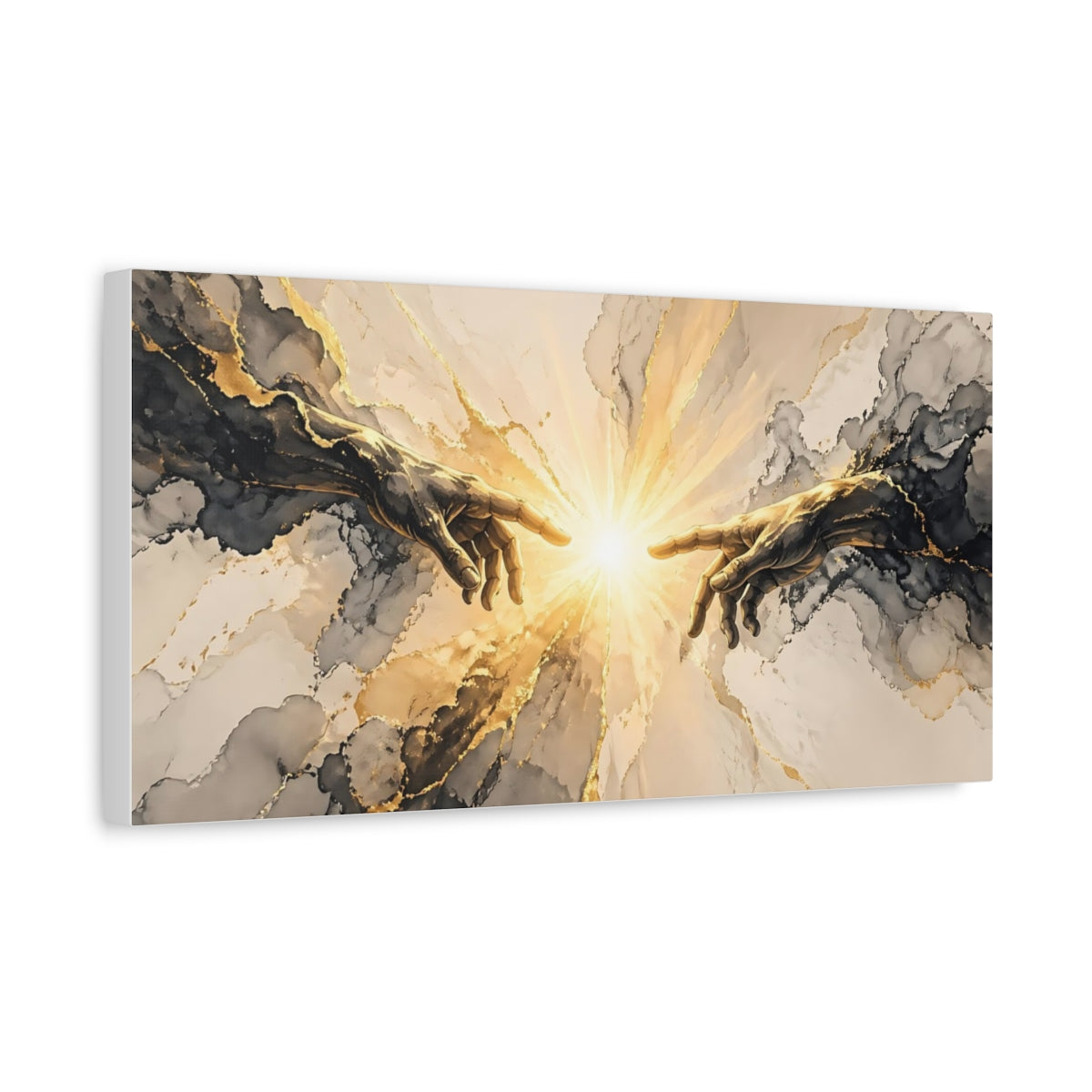 Side Mockup 3. Religious Creation Hands Gold And Black shown as stretched canvas wall art