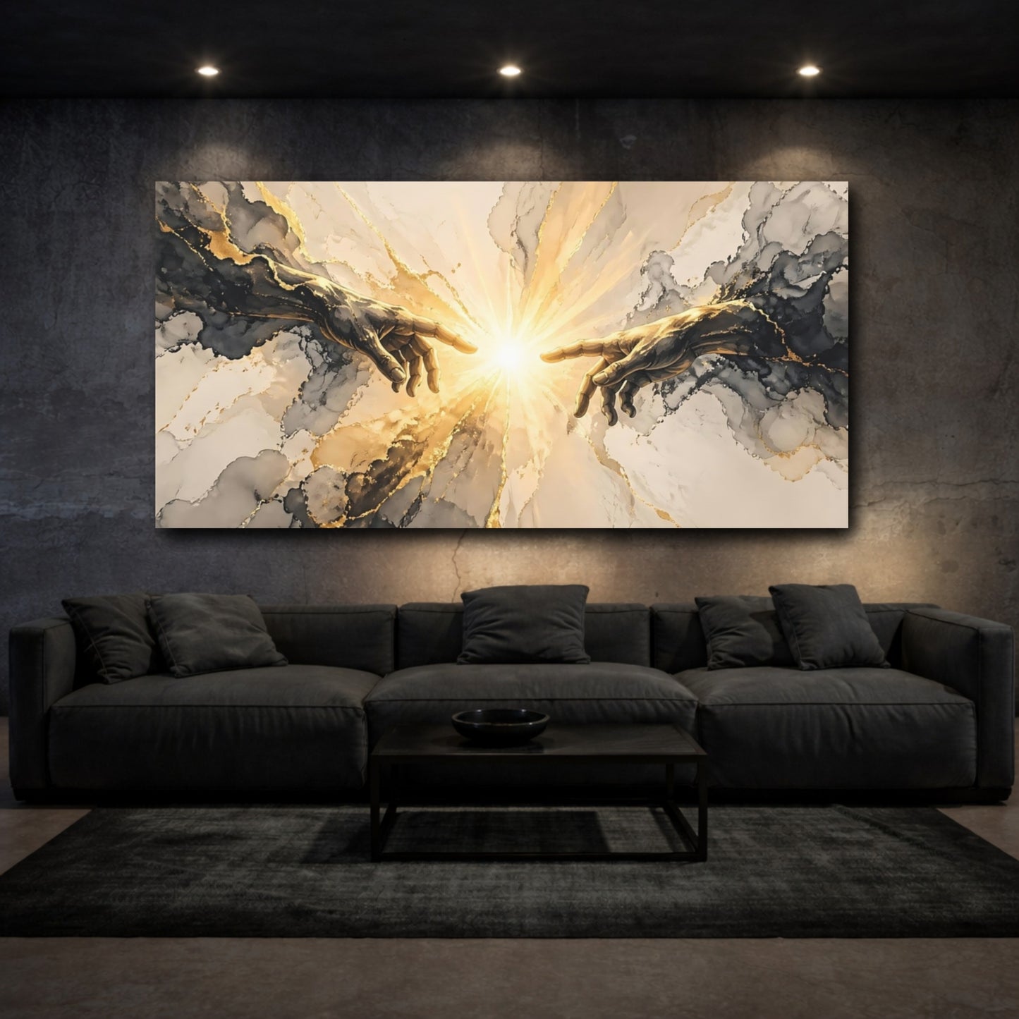 Mockup 2. Religious Creation Hands Gold And Black shown as stretched canvas wall art
