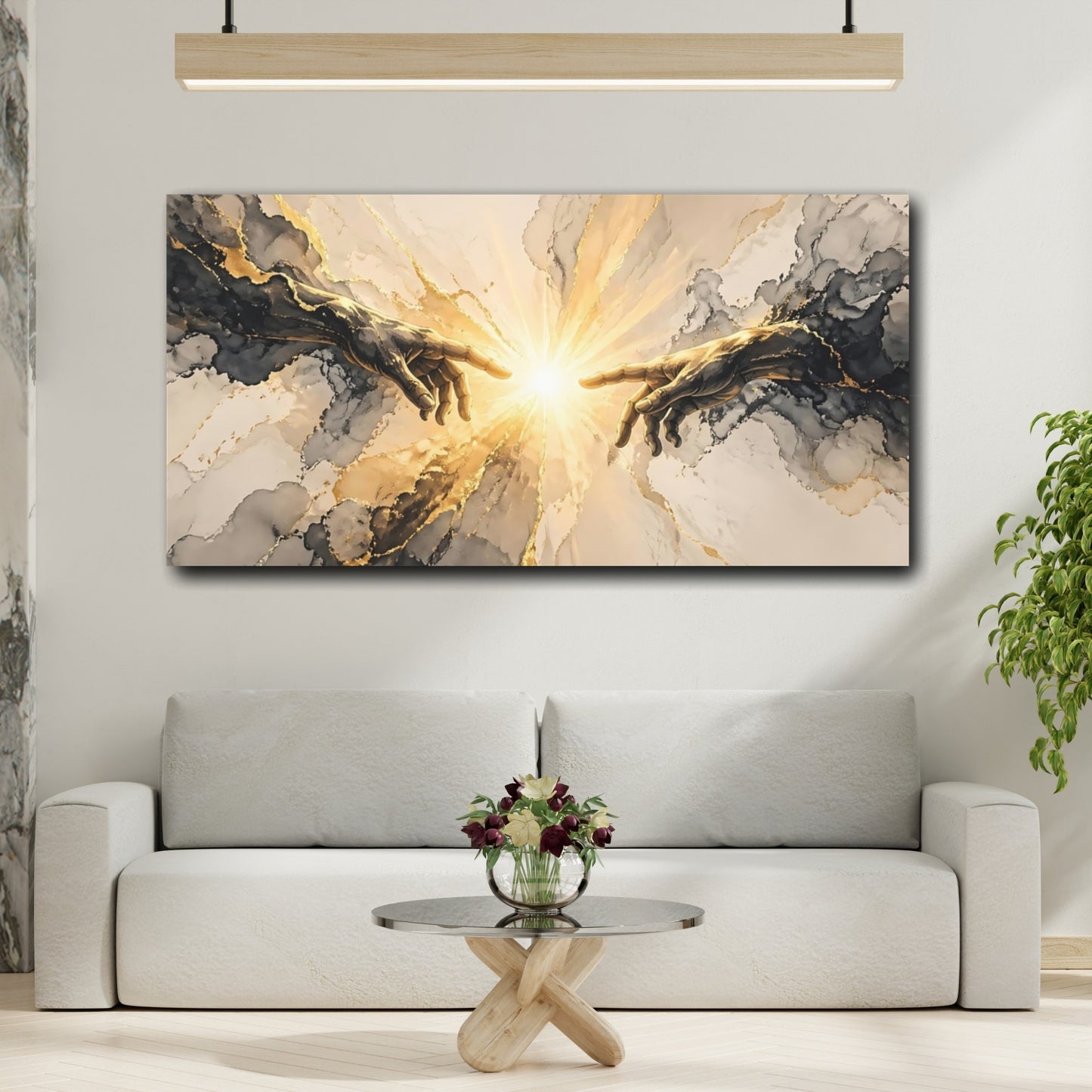 Mockup 3. Religious Creation Hands Gold And Black shown as stretched canvas wall art