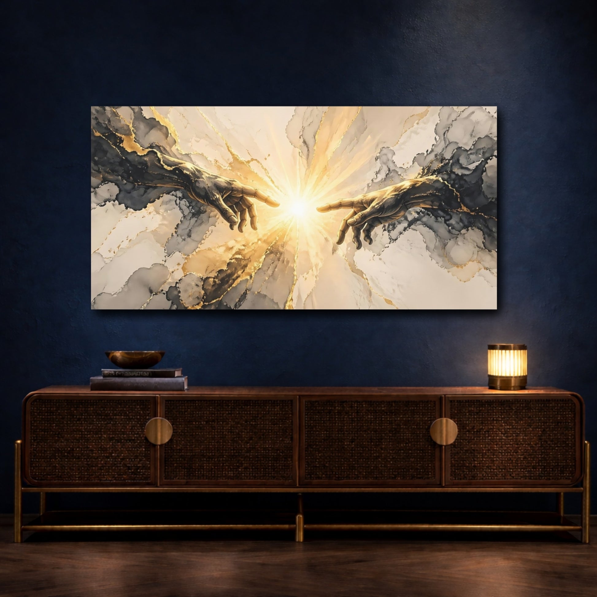 Mockup 4. Religious Creation Hands Gold And Black shown as stretched canvas wall art