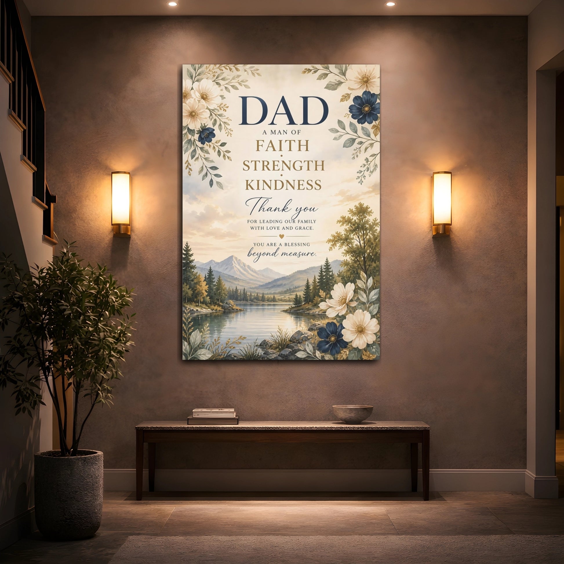Mockup 2. Religious Dad Tribute Dad Faith Blue Gold shown as stretched canvas wall art
