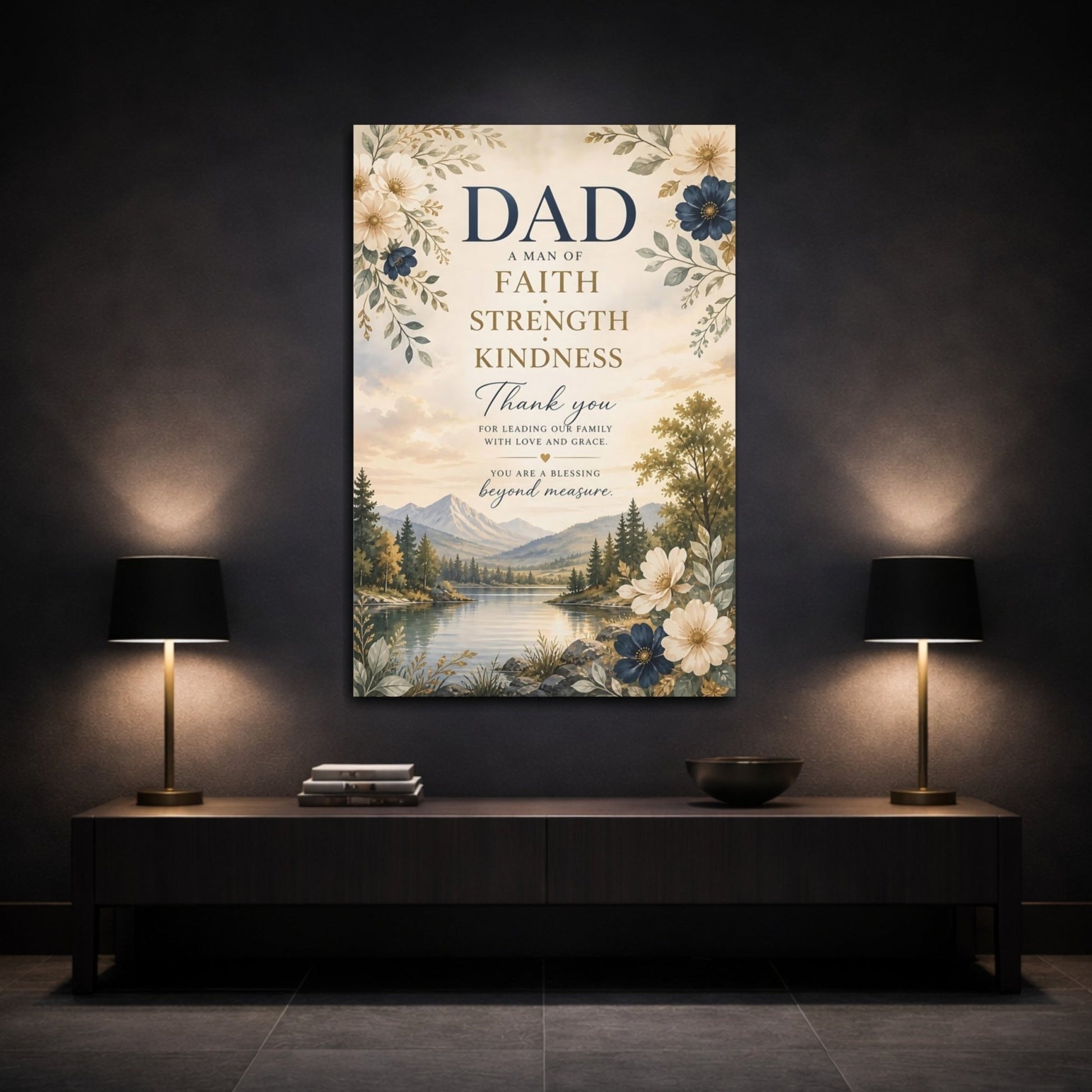 Religious Dad Tribute Faith Blue Gold Canvas Wall Art Print – Watercolor Living Room, Above Sofa - YesArtYes