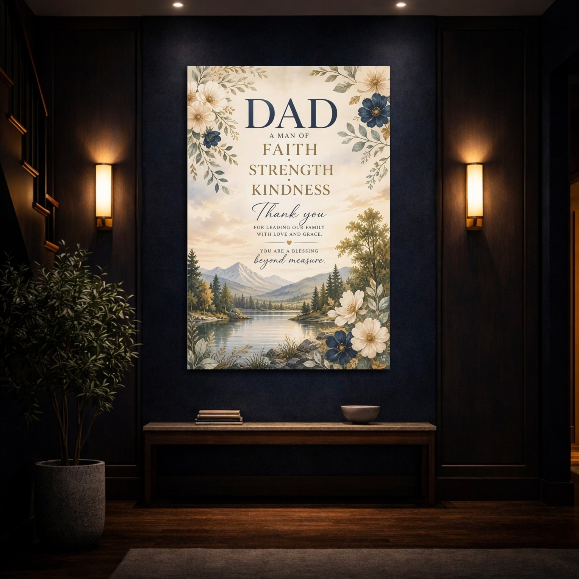 Religious Dad Tribute Faith Blue Gold Canvas Wall Art Print – Watercolor Living Room, Above Sofa - YesArtYes