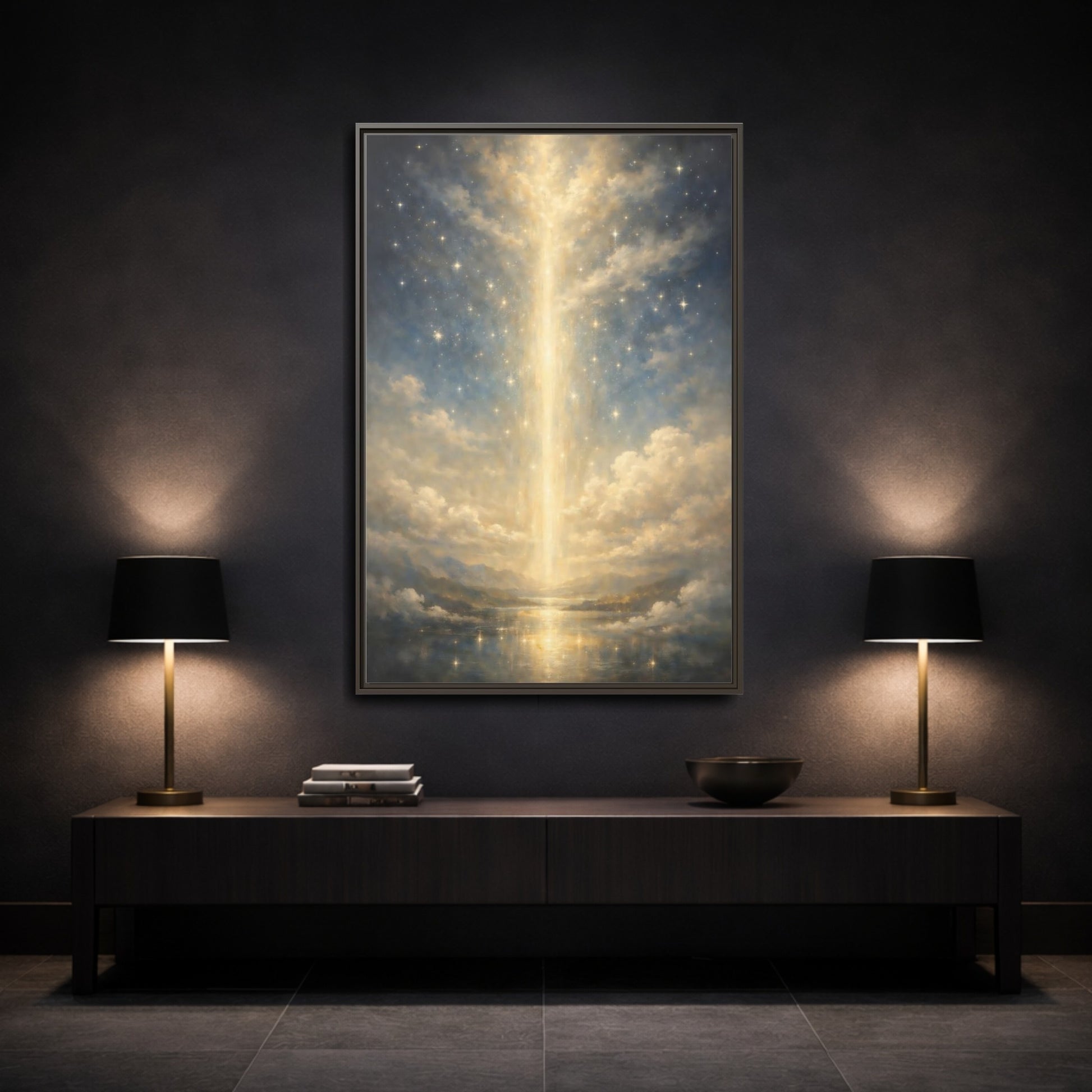 Mockup 2. Religious Divine Light Golden Ethereal Landscape shown as stretched canvas wall art