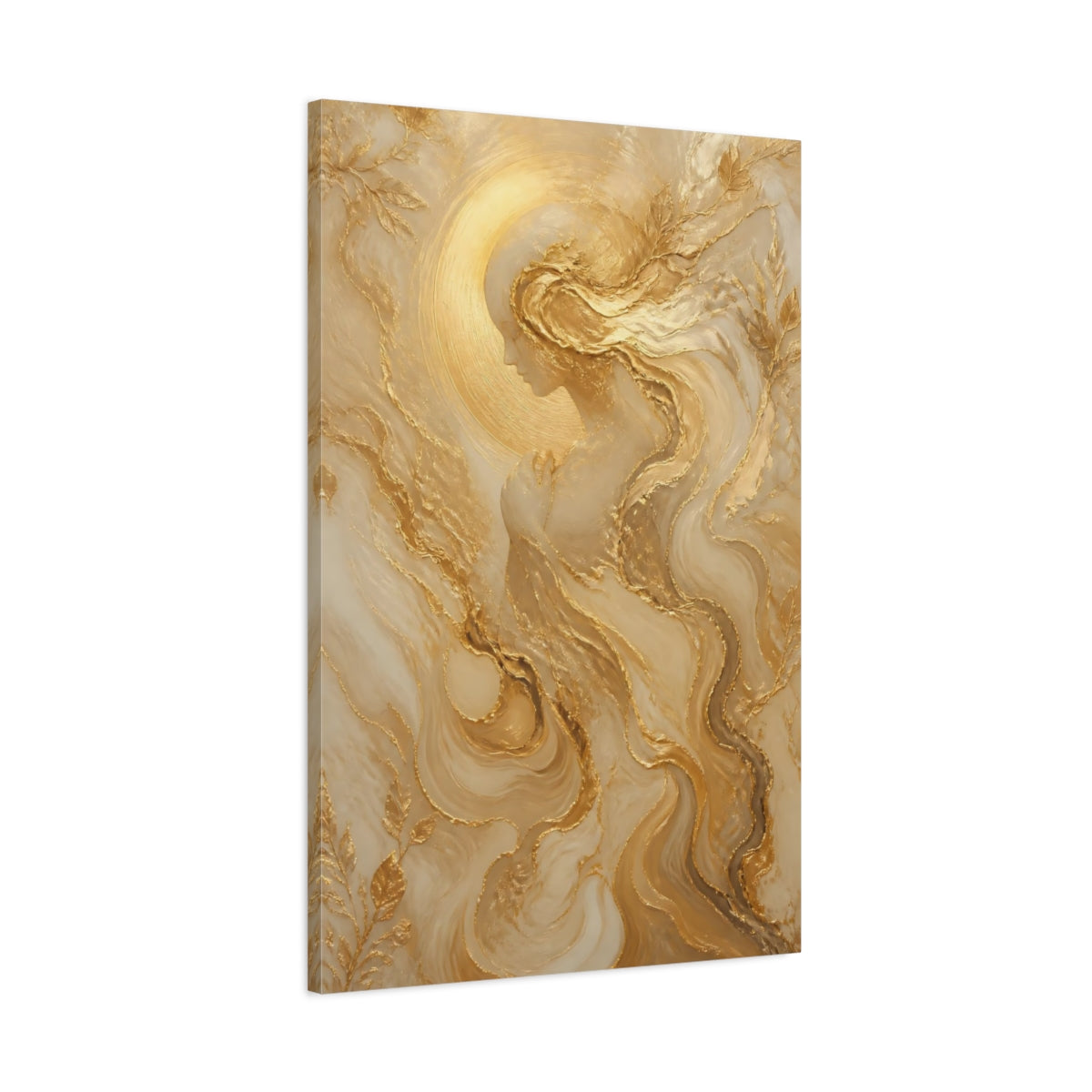 Main Mockup. Religious Ethereal Woman Gold And White shown as stretched canvas wall art