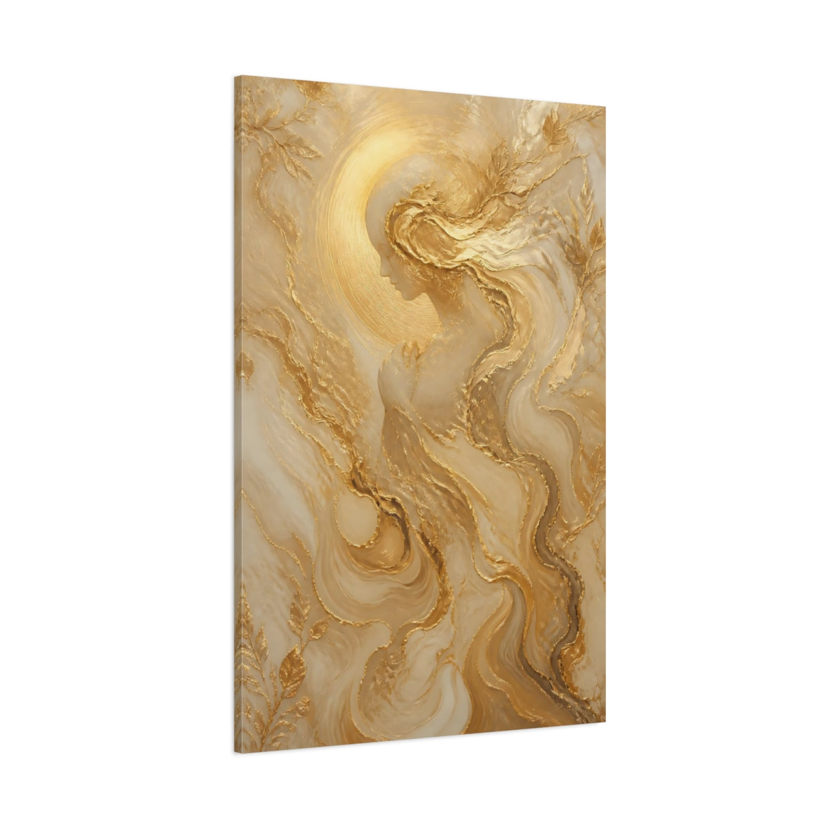 Side Mockup 1. Religious Ethereal Woman Gold And White shown as stretched canvas wall art