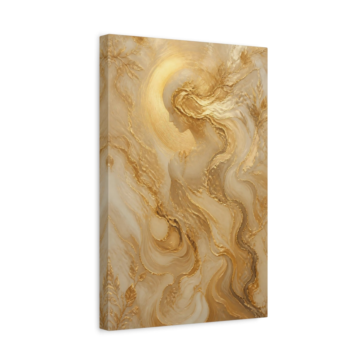 Side Mockup 4. Religious Ethereal Woman Gold And White shown as stretched canvas wall art