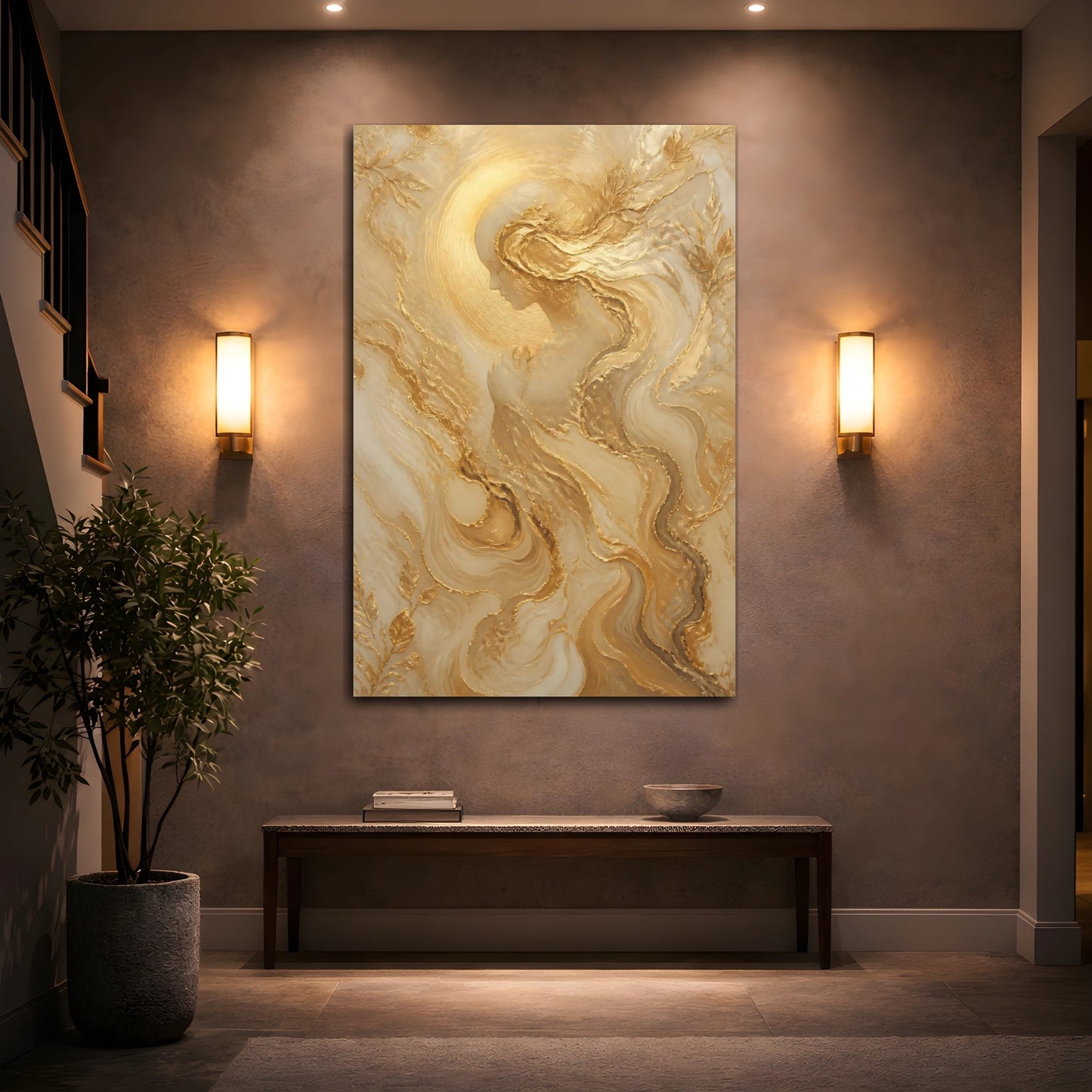 Mockup 2. Religious Ethereal Woman Gold And White shown as stretched canvas wall art