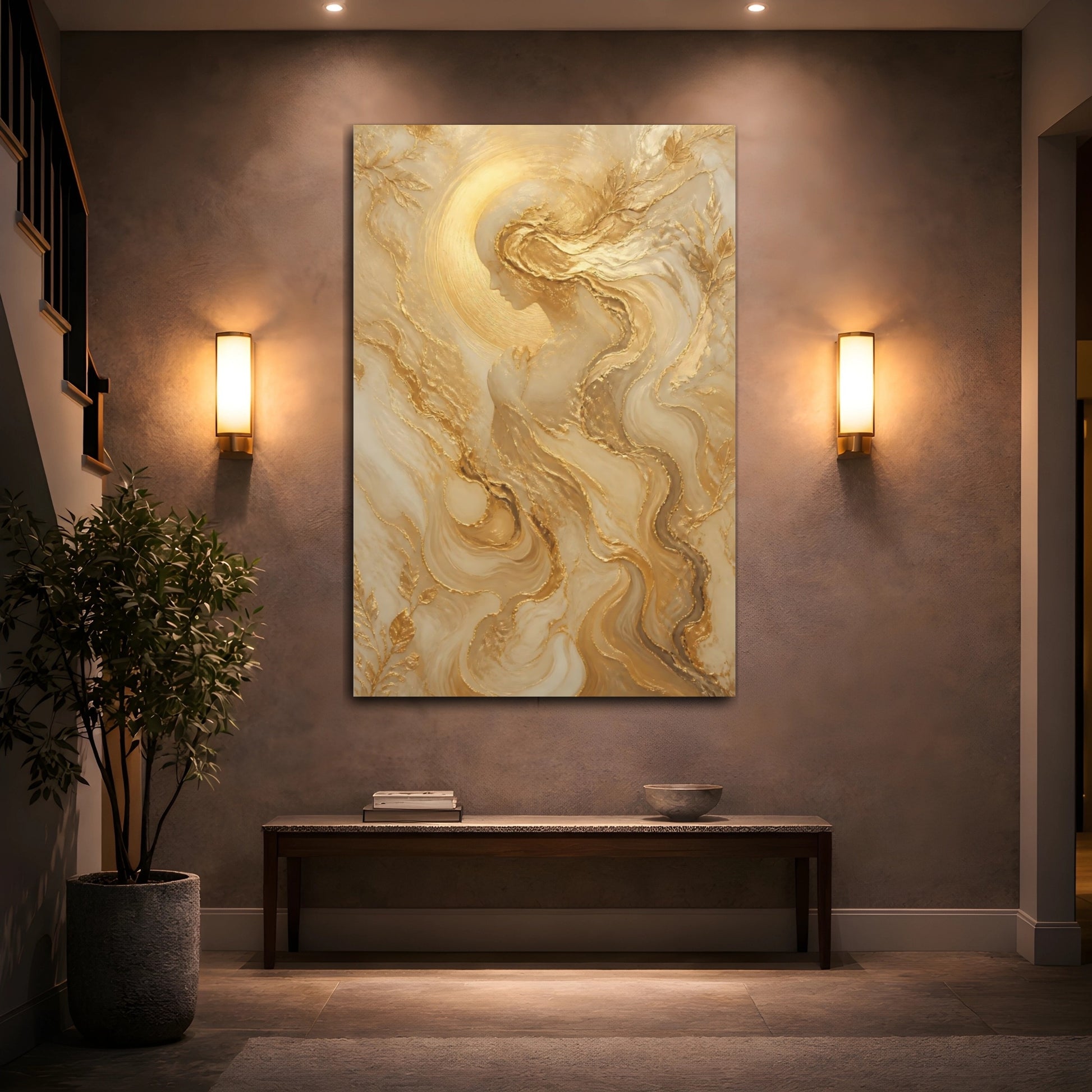 Mockup 2. Religious Ethereal Woman Gold And White shown as stretched canvas wall art