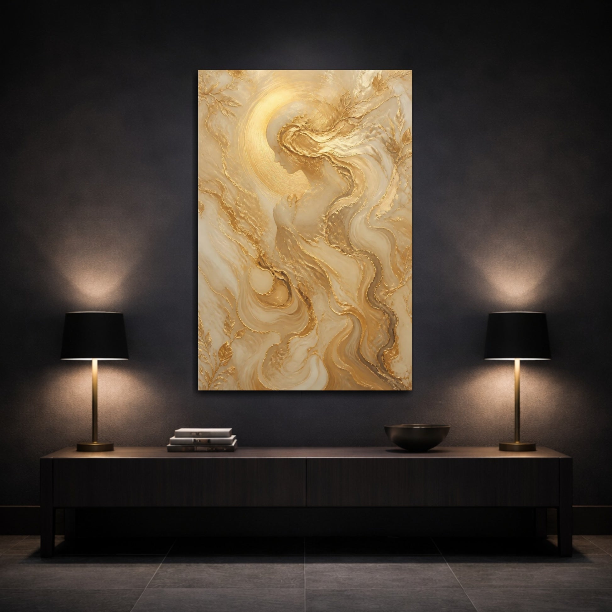 Mockup 3. Religious Ethereal Woman Gold And White shown as stretched canvas wall art