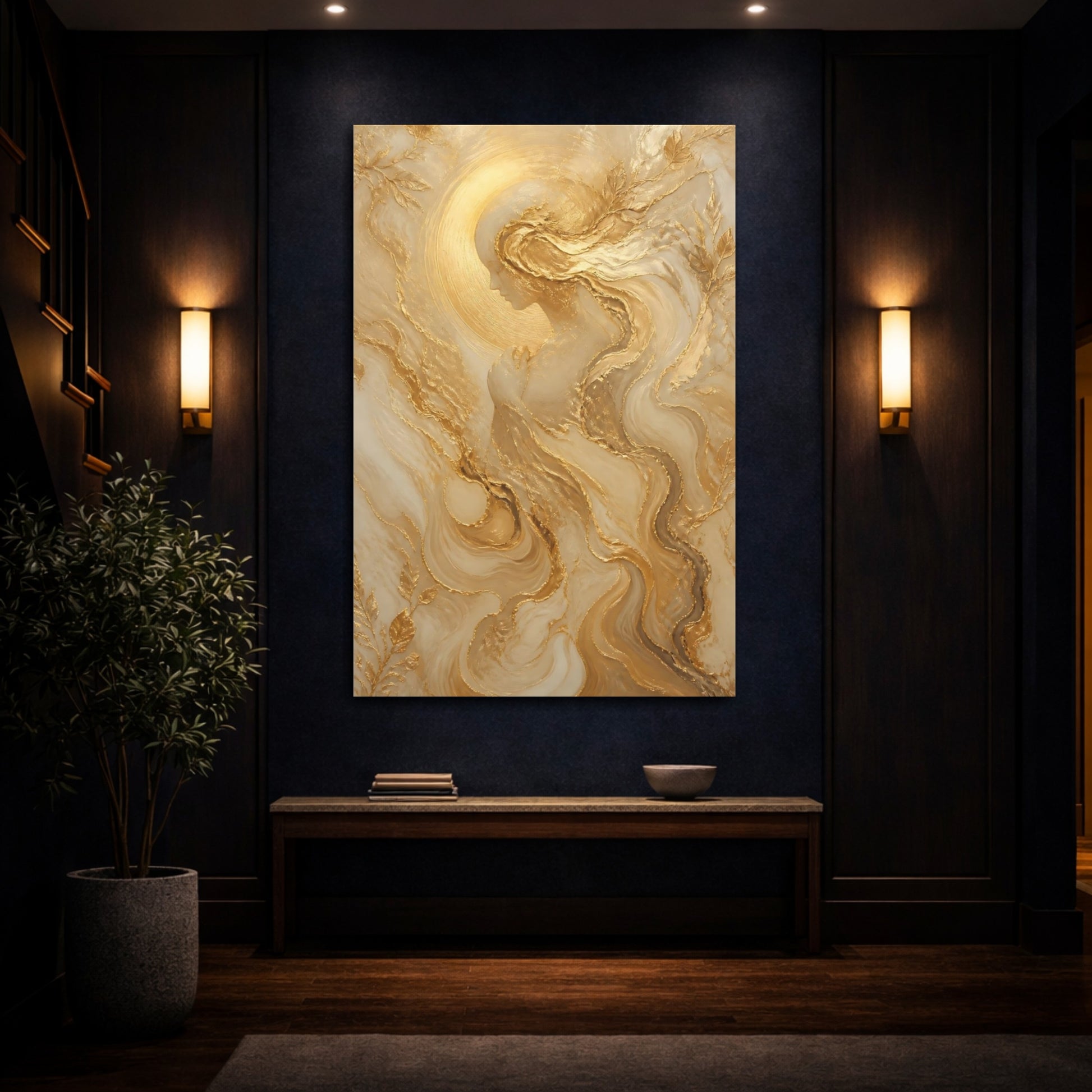 Mockup 4. Religious Ethereal Woman Gold And White shown as stretched canvas wall art