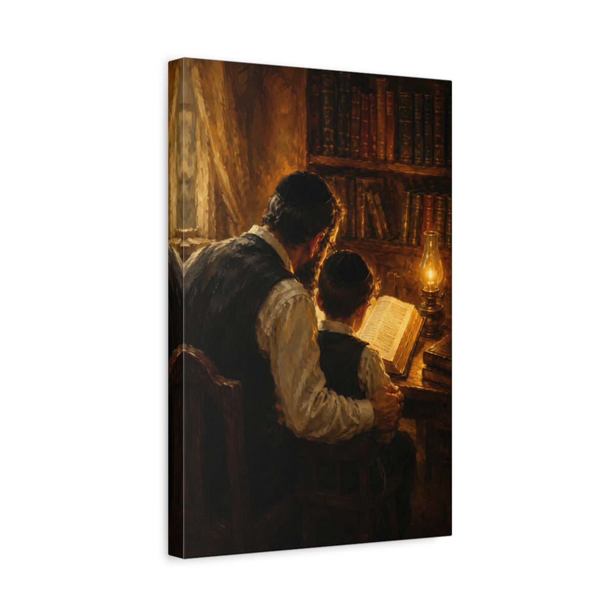 Side Mockup 4. Religious Father And Son Brown And Gold shown as canvas print