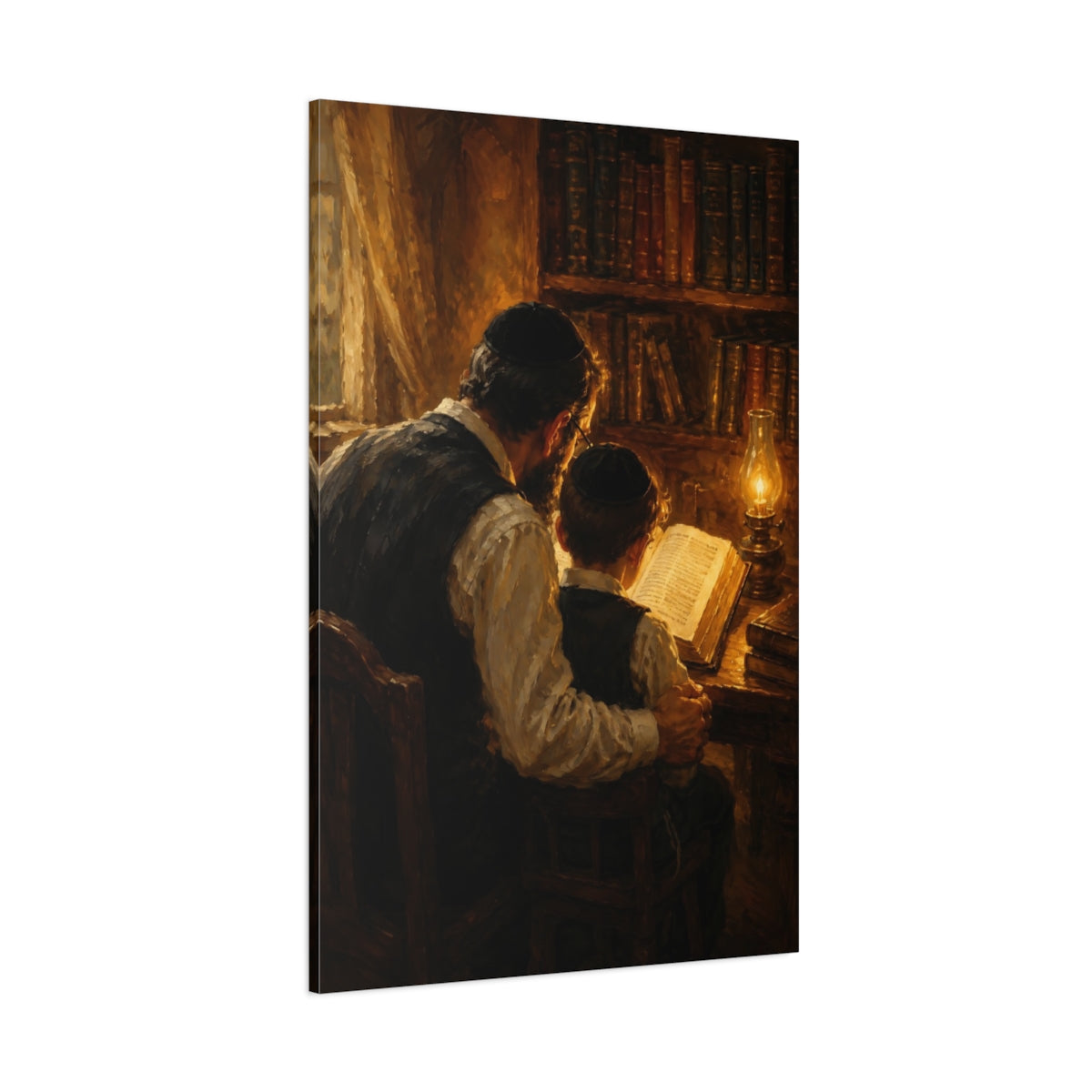 Side Mockup 1. Religious Father And Son Brown And Gold shown as canvas print
