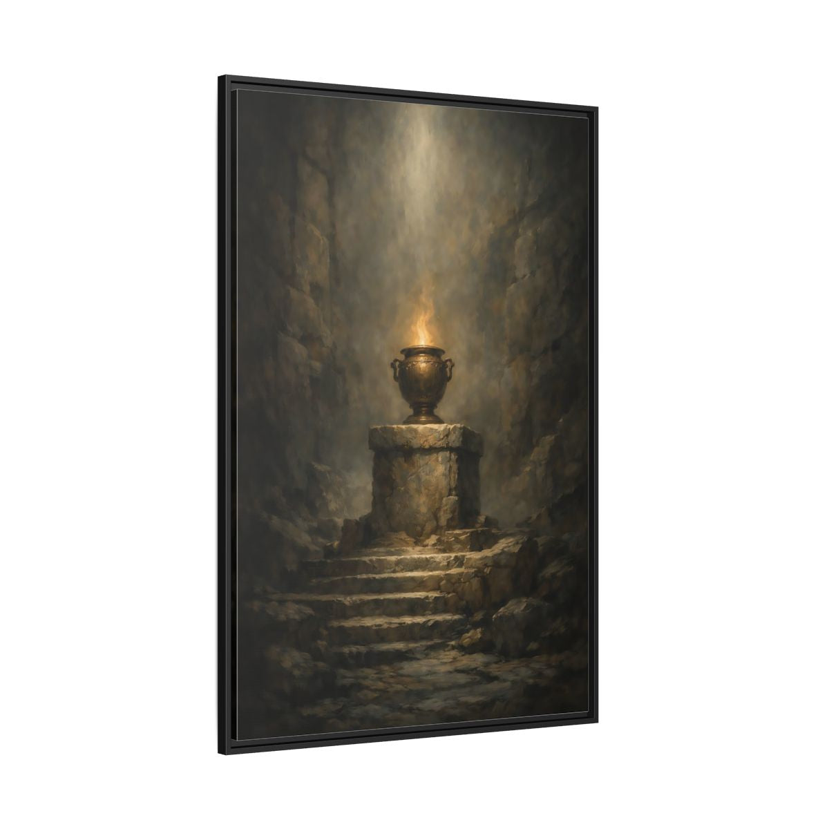 Main Mockup. Religious Flaming Urn Brown And Gold shown as stretched canvas wall art