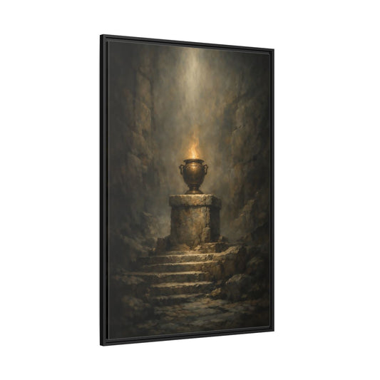 Main Mockup. Religious Flaming Urn Brown And Gold shown as stretched canvas wall art