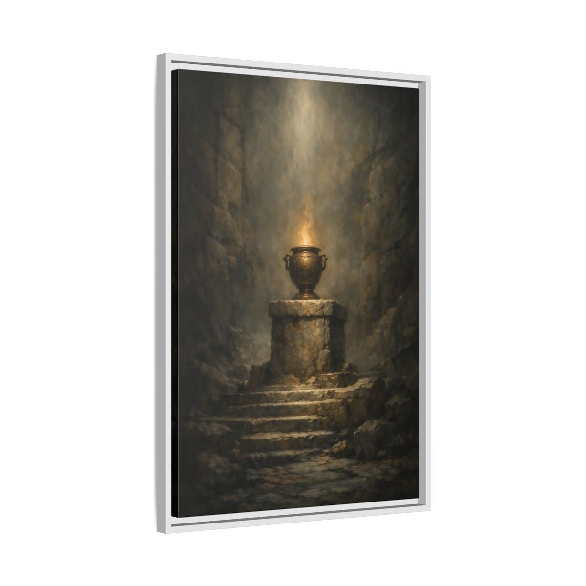 Side Mockup 11. Religious Flaming Urn Brown And Gold shown as stretched canvas wall art