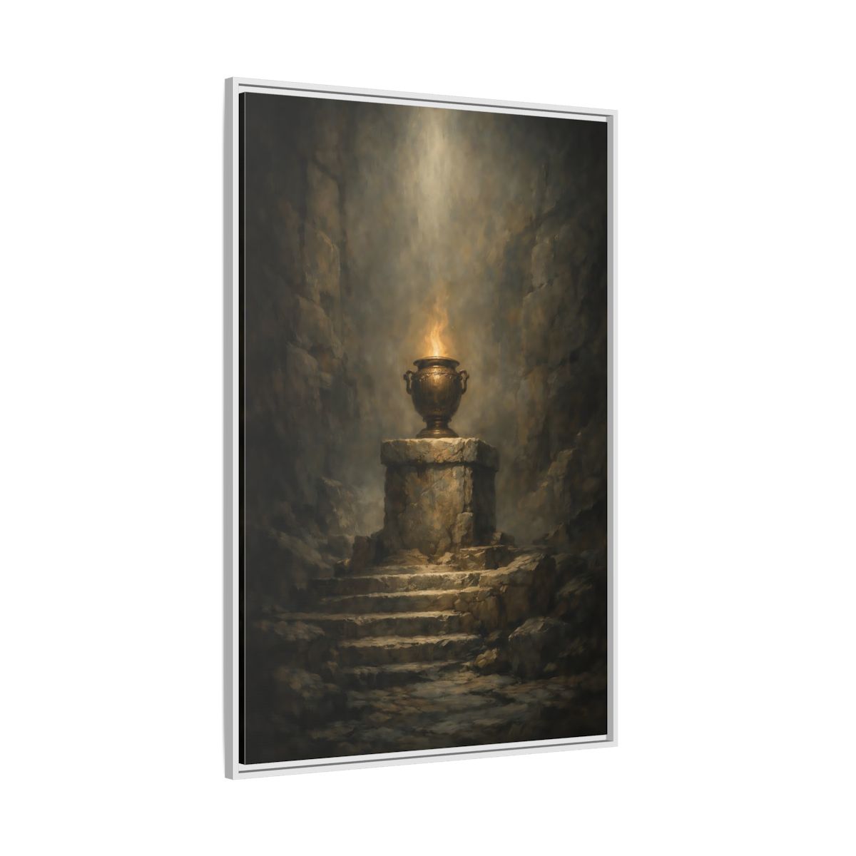 Side Mockup 7. Religious Flaming Urn Brown And Gold shown as stretched canvas wall art