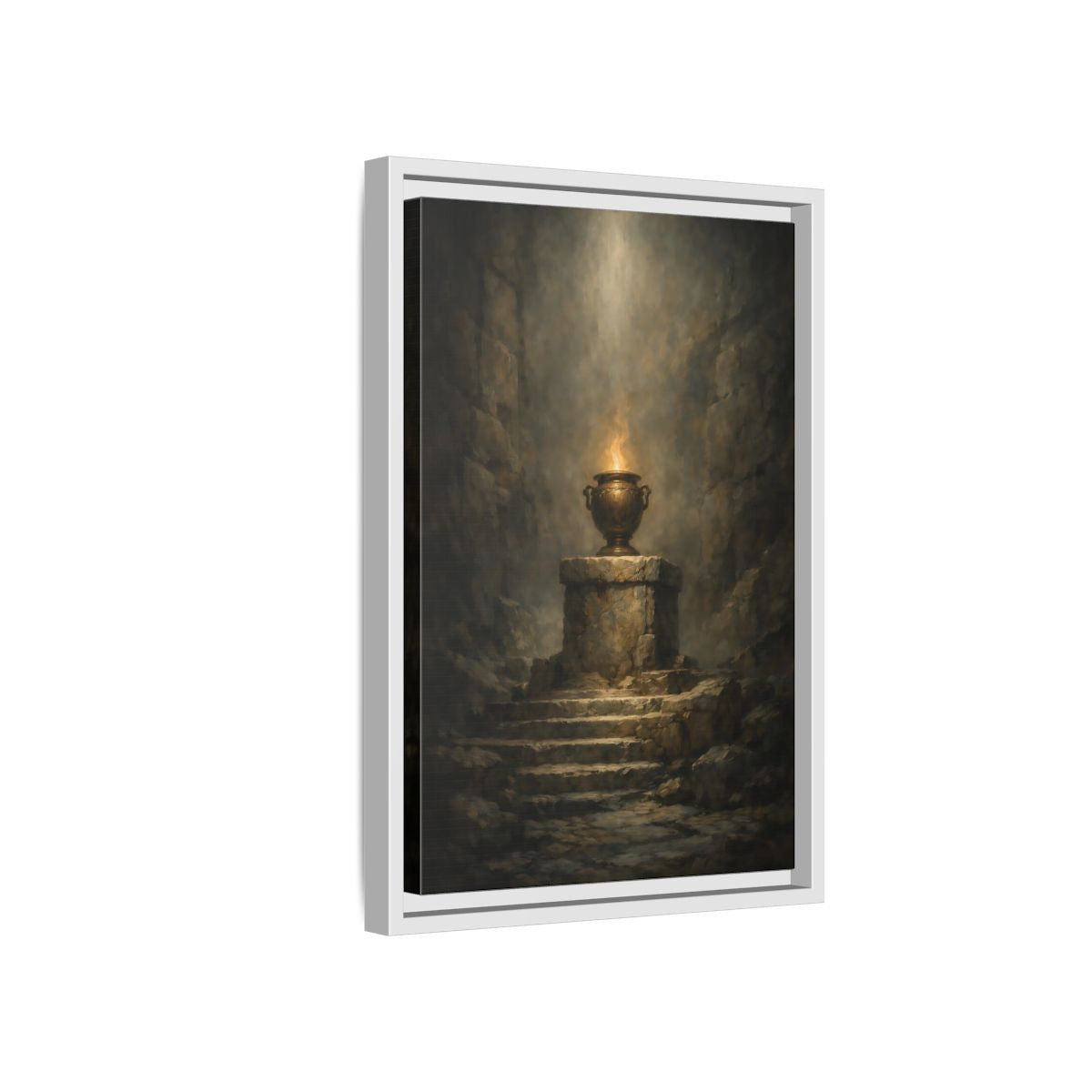 Side Mockup 4. Religious Flaming Urn Brown And Gold shown as stretched canvas wall art
