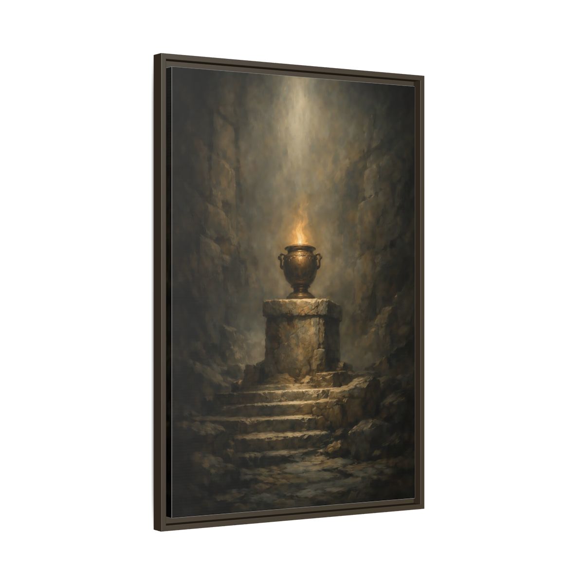 Side Mockup 10. Religious Flaming Urn Brown And Gold shown as stretched canvas wall art