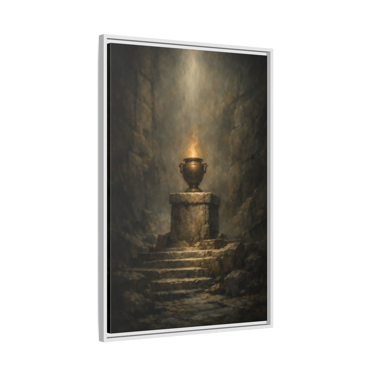 Side Mockup 9. Religious Flaming Urn Brown And Gold shown as stretched canvas wall art