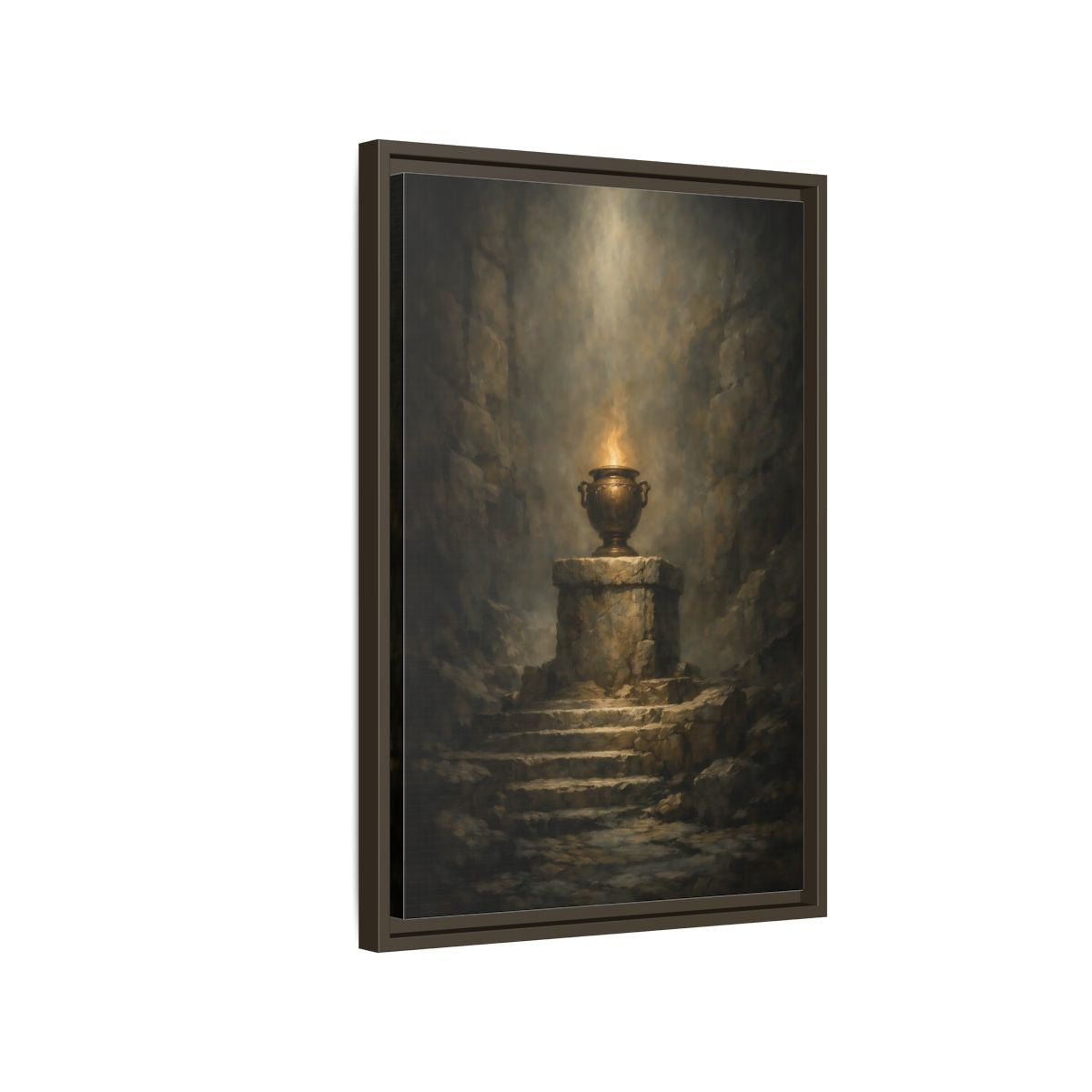 Side Mockup 2. Religious Flaming Urn Brown And Gold shown as stretched canvas wall art