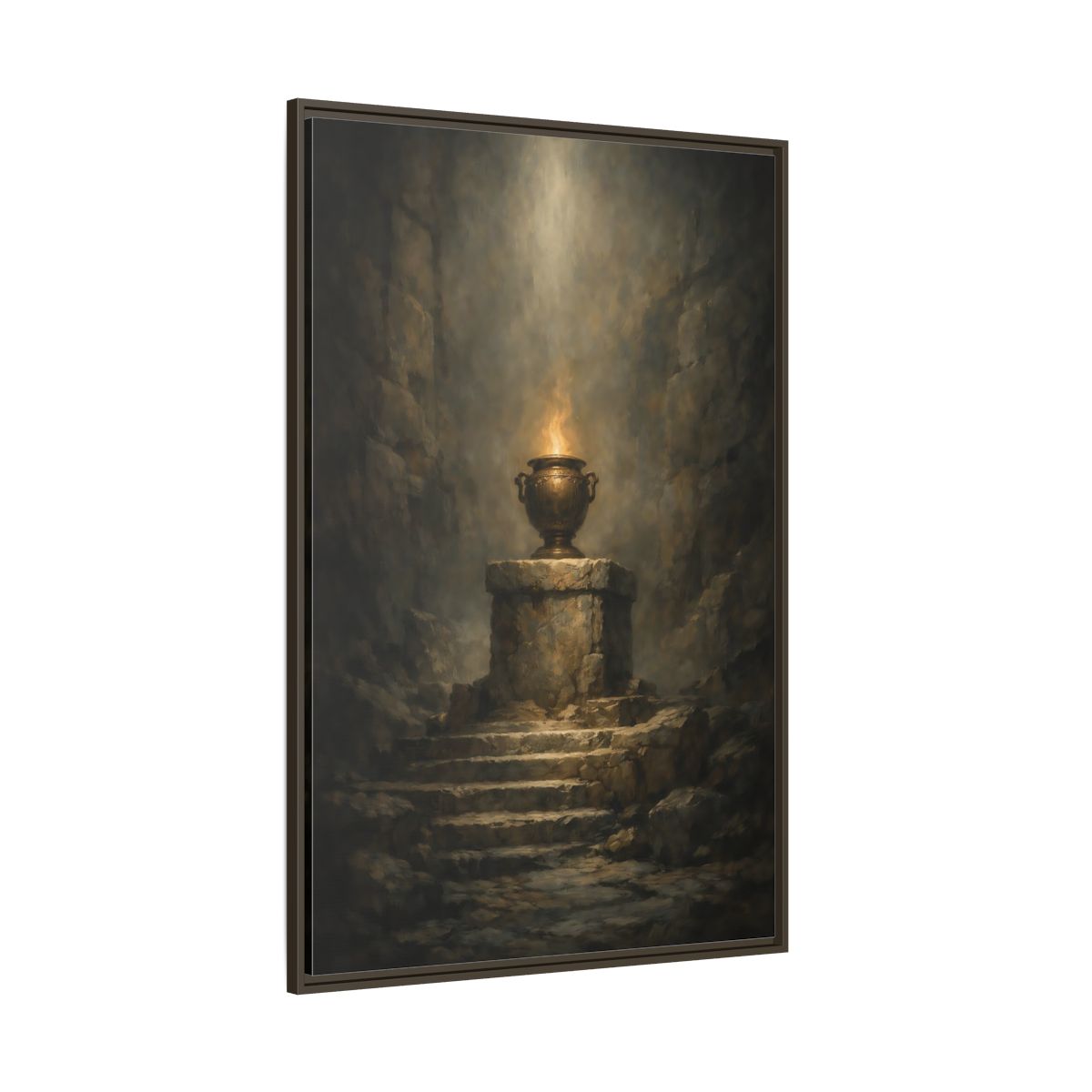 Side Mockup 8. Religious Flaming Urn Brown And Gold shown as stretched canvas wall art