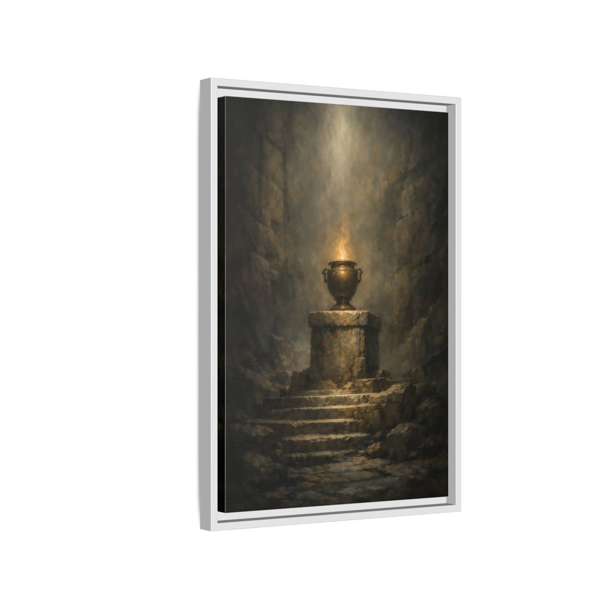 Side Mockup 1. Religious Flaming Urn Brown And Gold shown as stretched canvas wall art