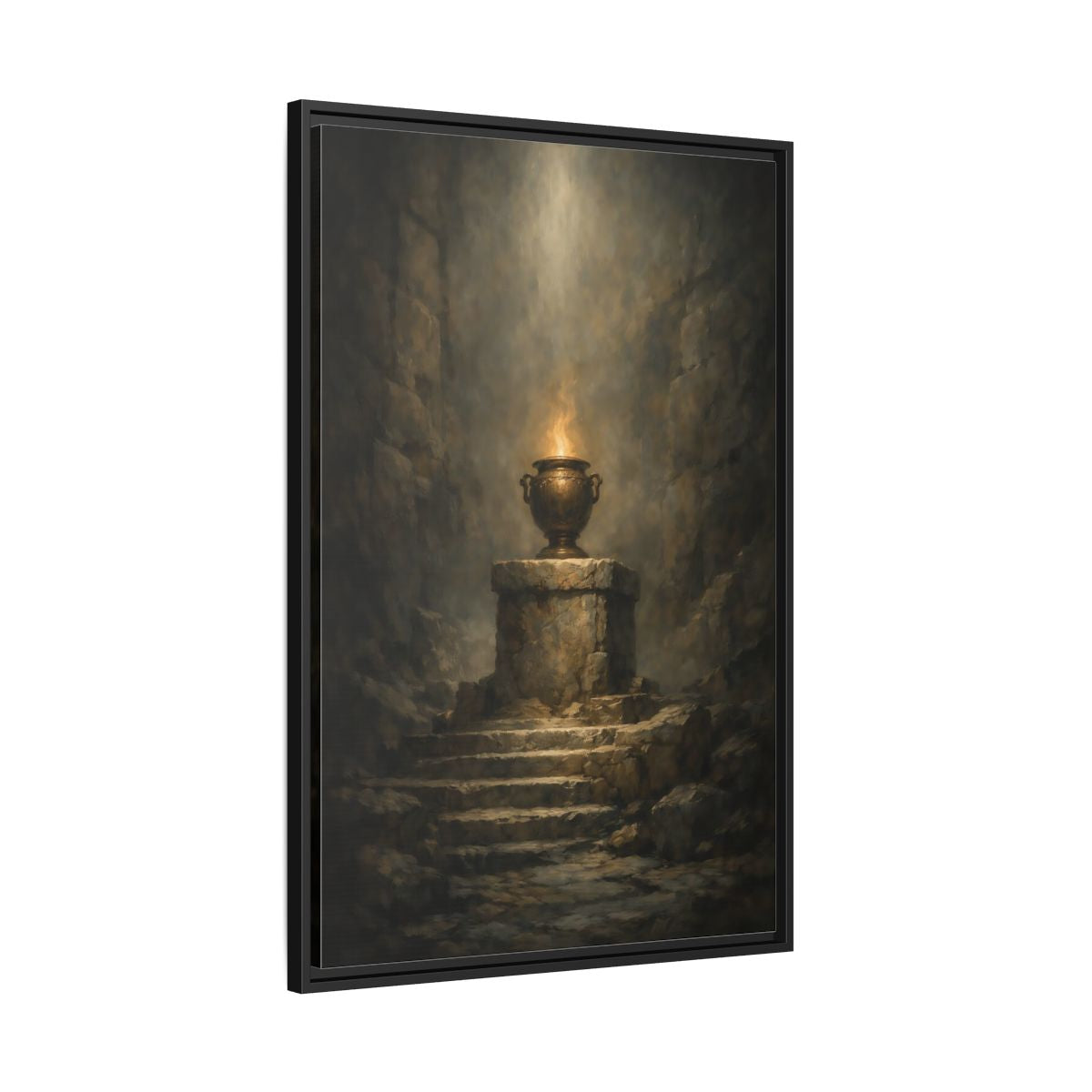 Side Mockup 13. Religious Flaming Urn Brown And Gold shown as stretched canvas wall art