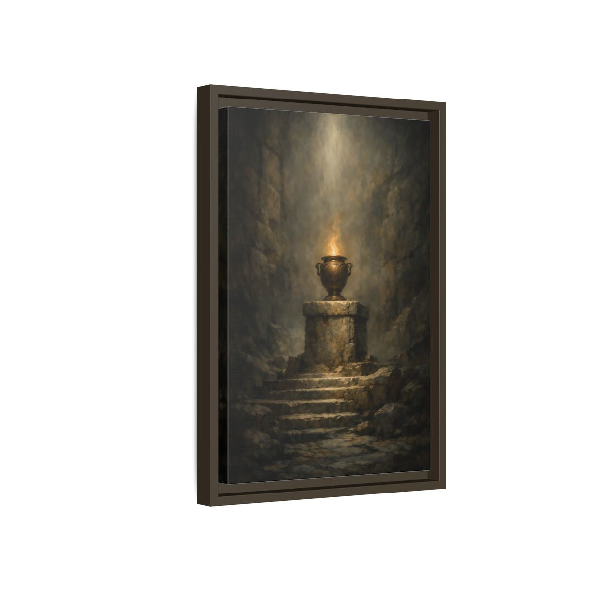 Side Mockup 5. Religious Flaming Urn Brown And Gold shown as stretched canvas wall art