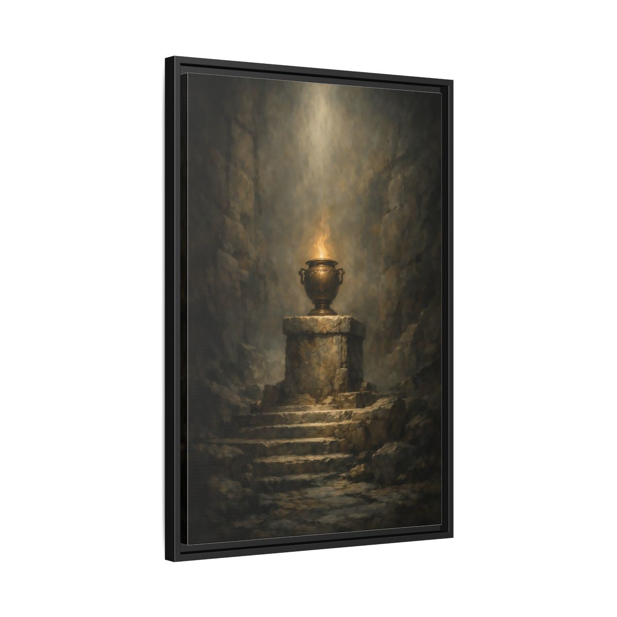 Side Mockup 14. Religious Flaming Urn Brown And Gold shown as stretched canvas wall art